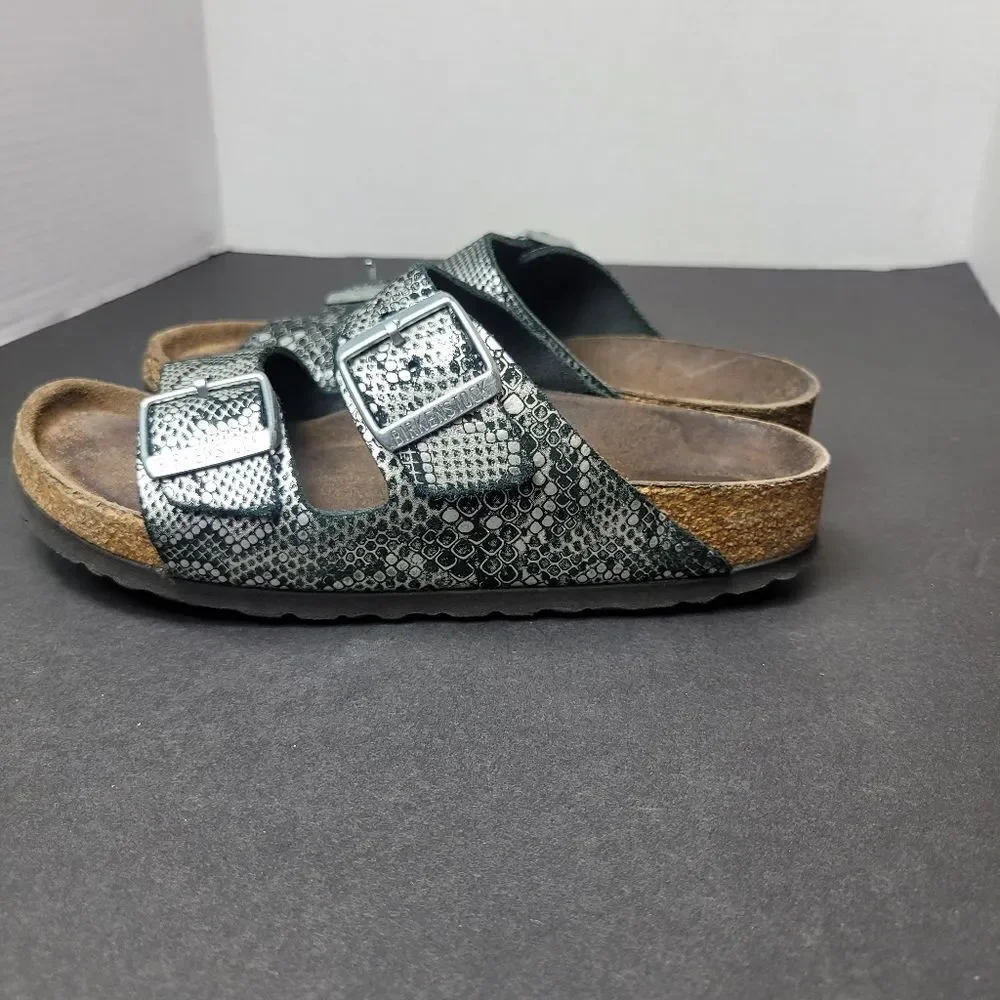 Birkenstocks Arizona Slide Double Strap Silver Snak Printed Sandals Size 6.5US